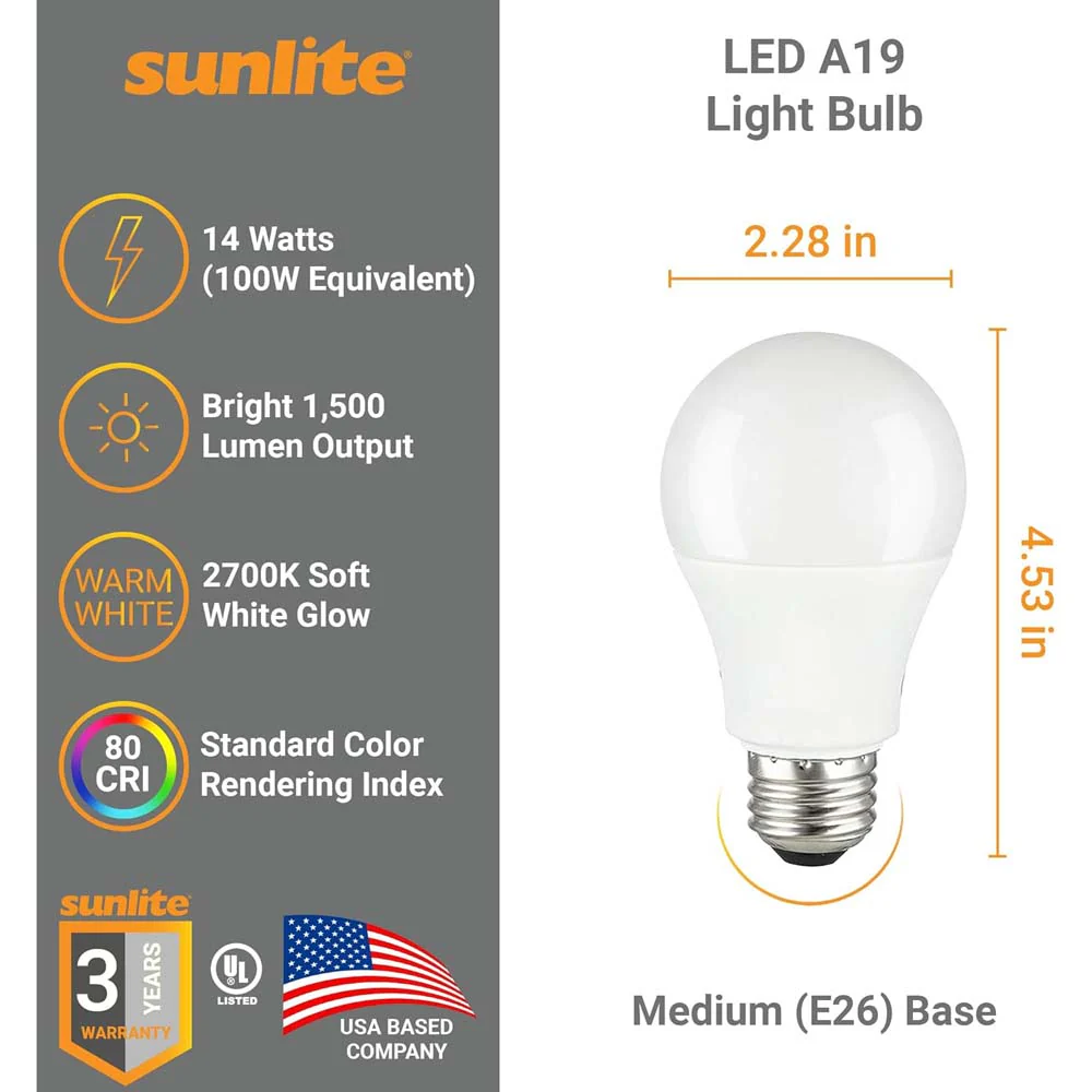 3Pk - Sunlite 14w A19 LED 2700K 1500Lm Non-Dimmable Bulb - 100W Equiv - Image 2