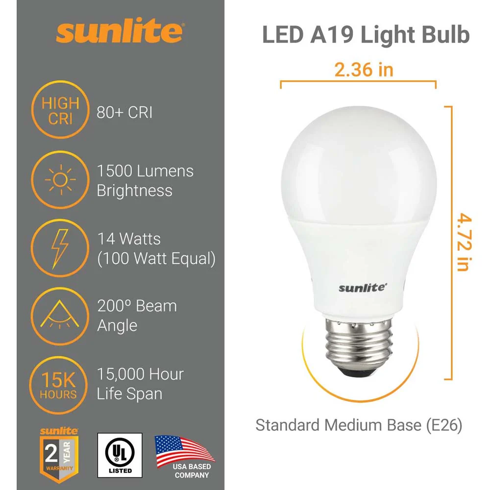 3Pk - Sunlite 14W LED A19 6500K - Daylight 1500LM Non-Dimmable Bulb - 100w Equiv - Image 2