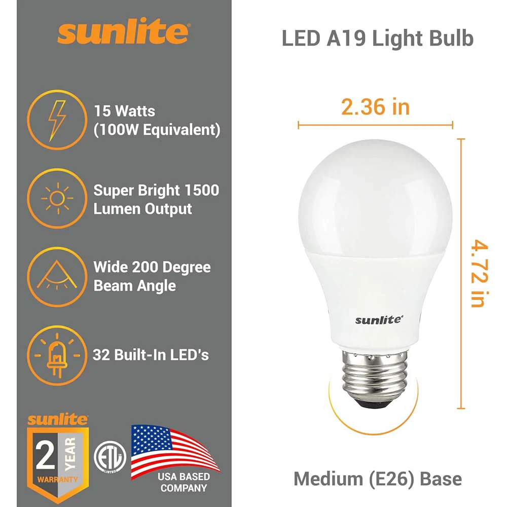 3Pk - Sunlite 15w A19 LED 1500Lm E26 Base 4000K Cool White Bulb - 100w equiv - Image 2