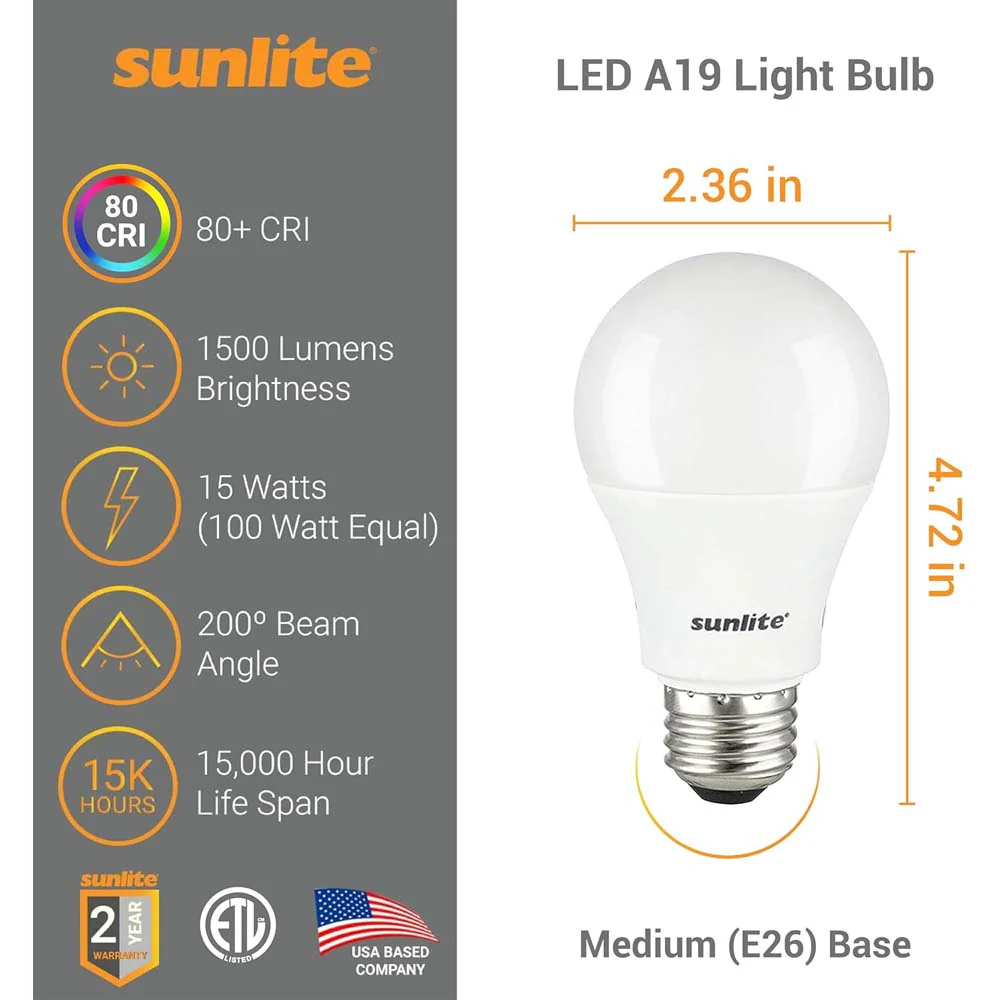 3Pk - Sunlite 15w A19 LED 1500Lm E26 Base 5000K Super White Bulb - 100w equiv - Image 2