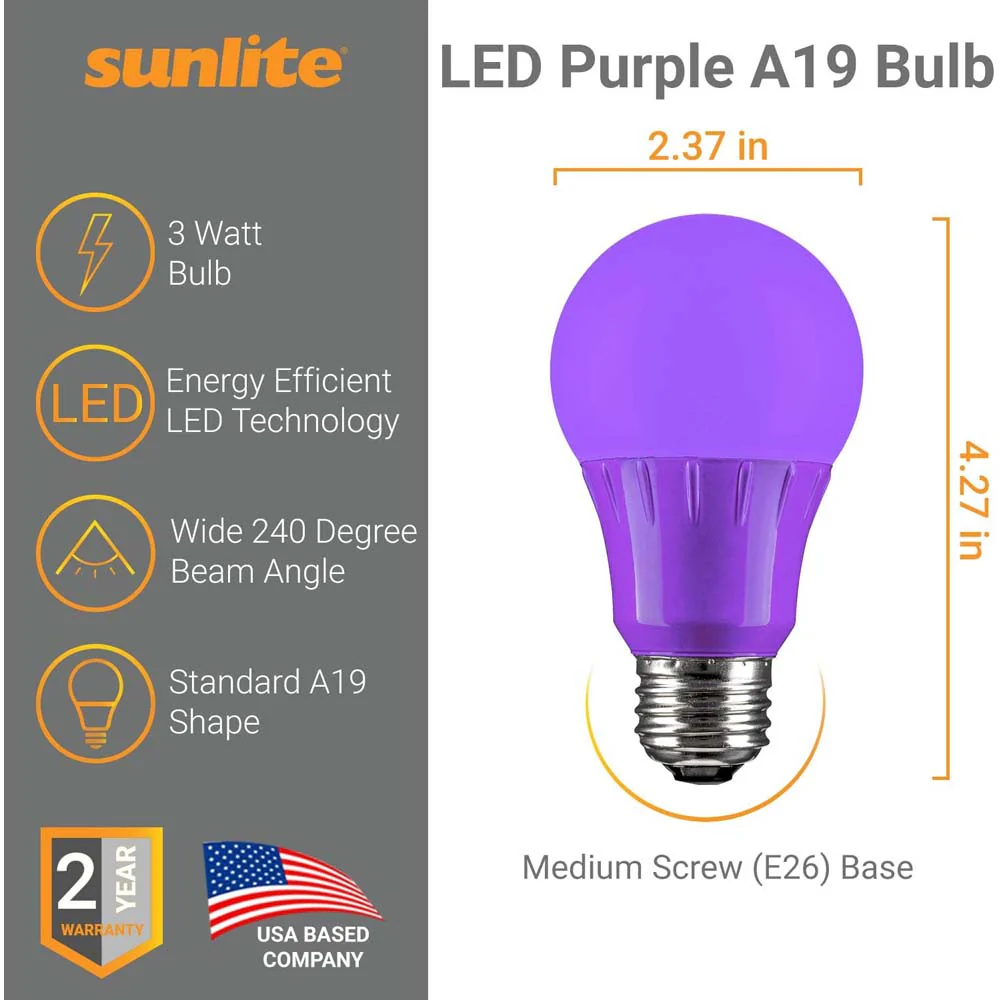 3Pk - Sunlite 3W LED A19 103Lm Purple Light Bulb - Image 3