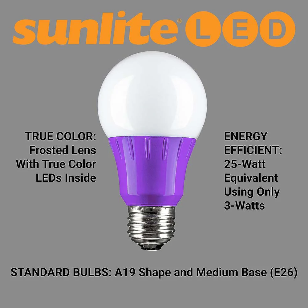 3Pk - Sunlite 3W LED A19 103Lm Purple Light Bulb - Image 6