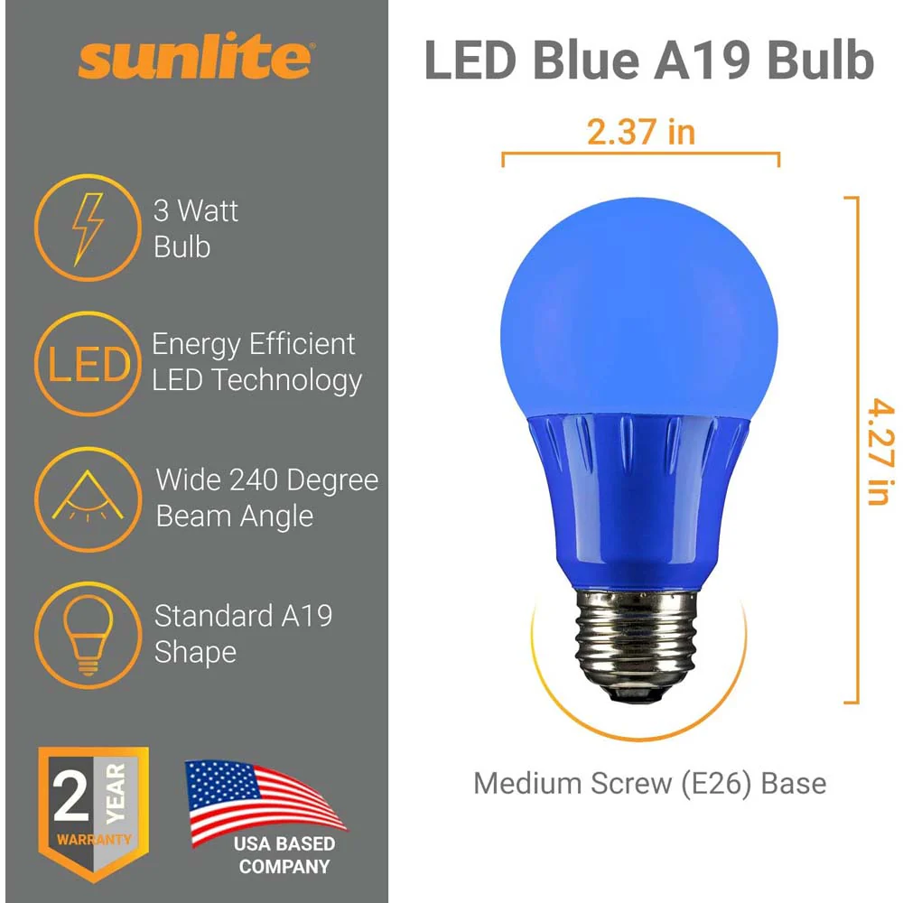 3Pk - Sunlite 3w LED A19 Blue Colored Non-Dimmable Bulb - 25w Equiv - Image 3