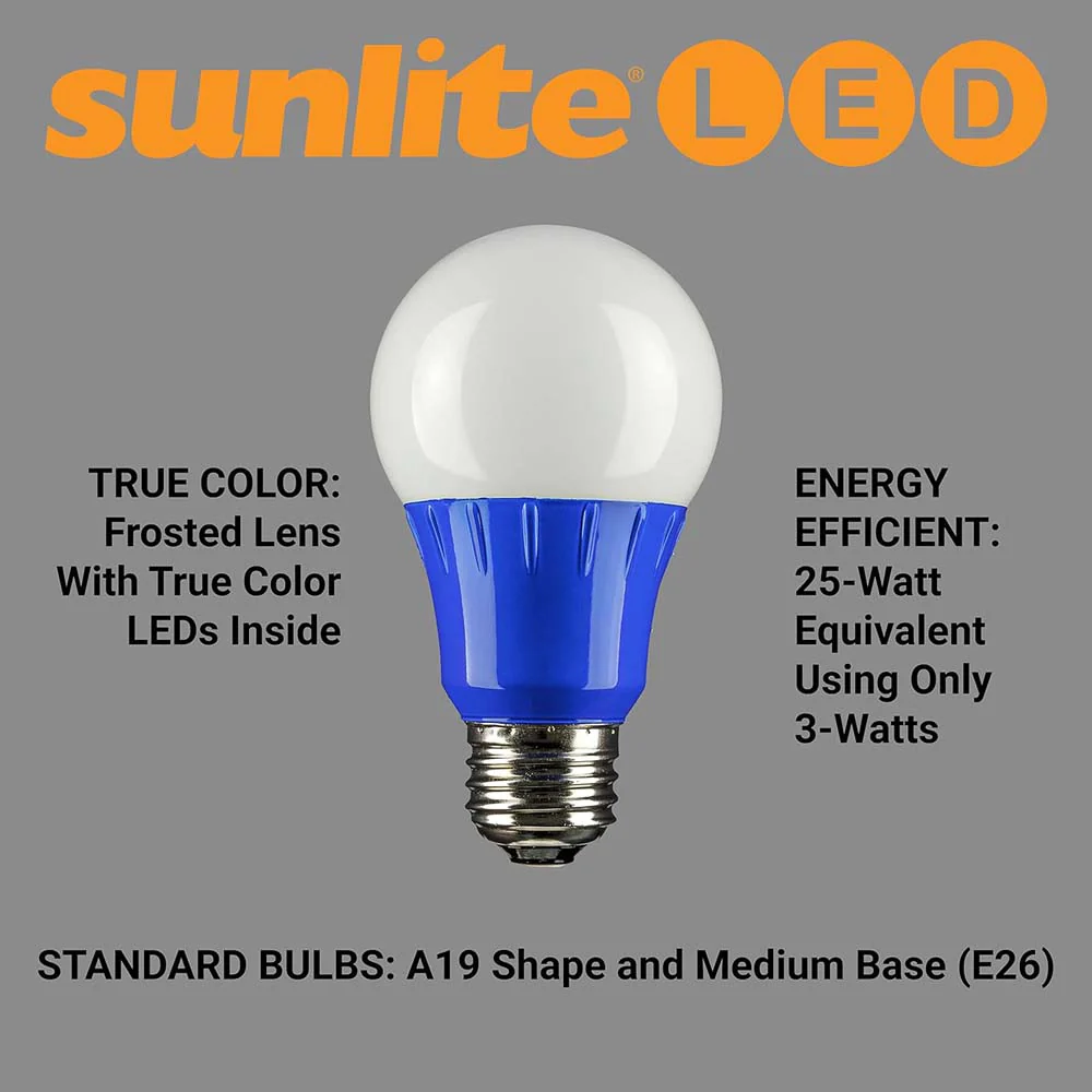 3Pk - Sunlite 3w LED A19 Blue Colored Non-Dimmable Bulb - 25w Equiv - Image 5