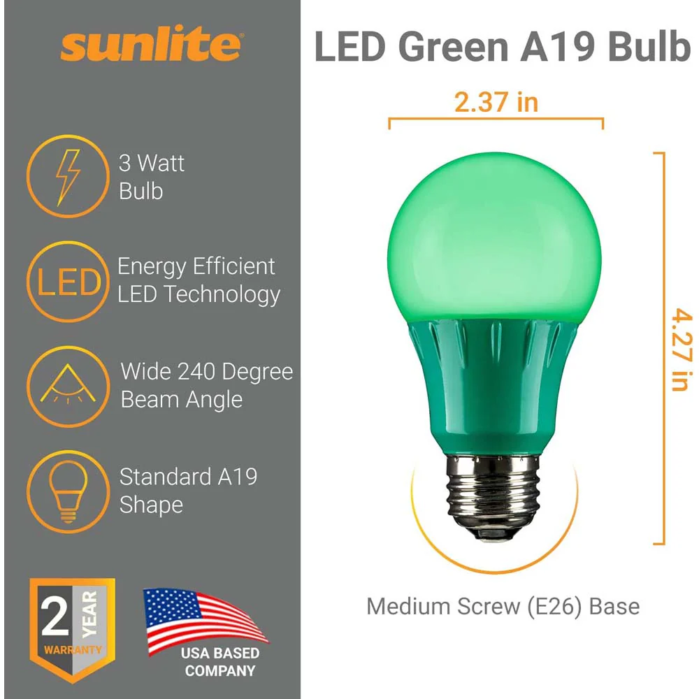3Pk - Sunlite 3w LED A19 Green Colored Non-Dimmable Bulb - 25w Equiv - Image 3