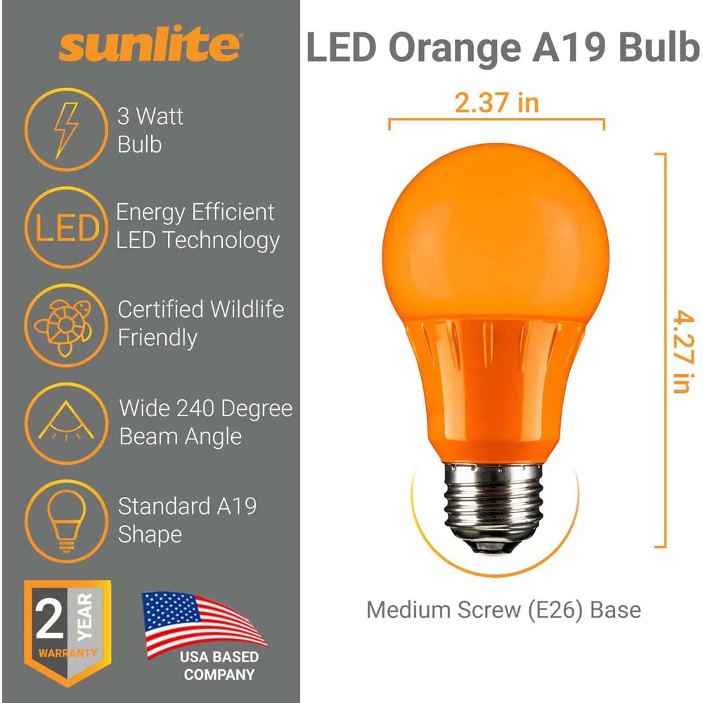 3Pk - Sunlite 3w LED A19 Orange Colored Non-Dimmable Bulb - 25w Equiv - Image 3
