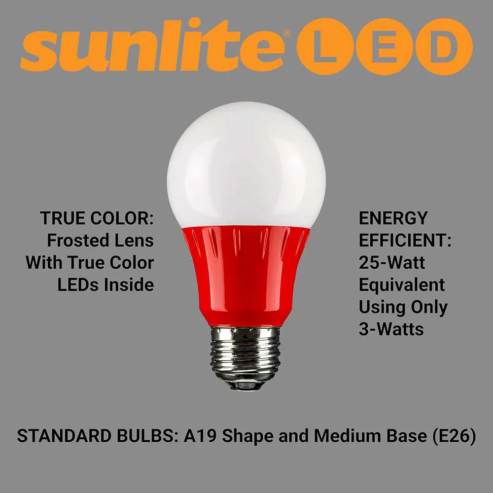 3Pk - Sunlite 3w LED A19 Red Colored Light Non-Dimmable Bulb - 25w Equiv - Image 5