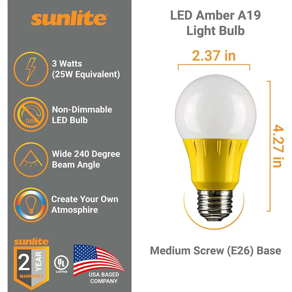 3Pk - Sunlite 3w LED A19 Yellow Colored Non-Dimmable Bulb - 25w Equiv - Image 2