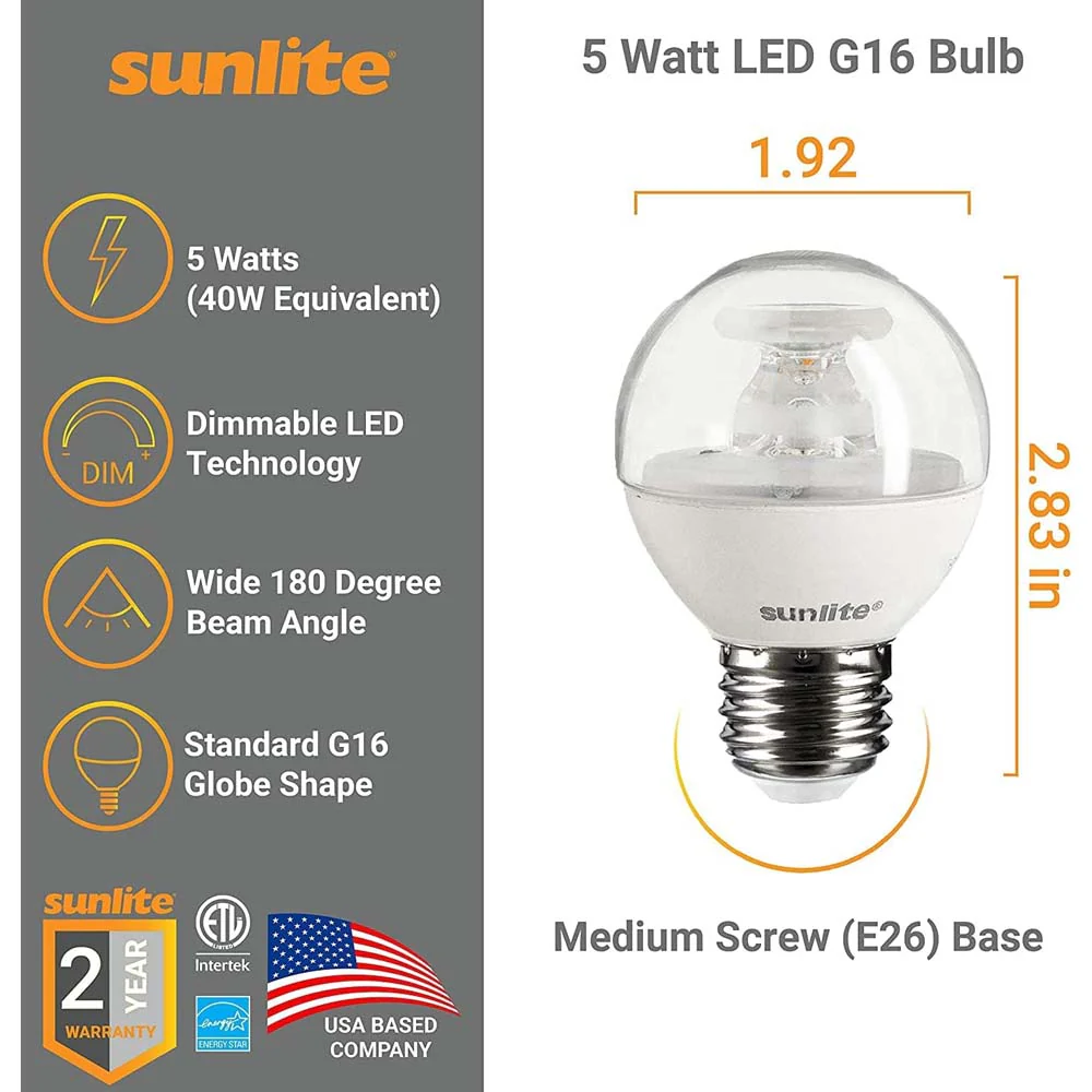 3Pk - Sunlite 5W LED Globe G16 Dimmable E26 Base 2700K Bulb - Warm White - Image 2