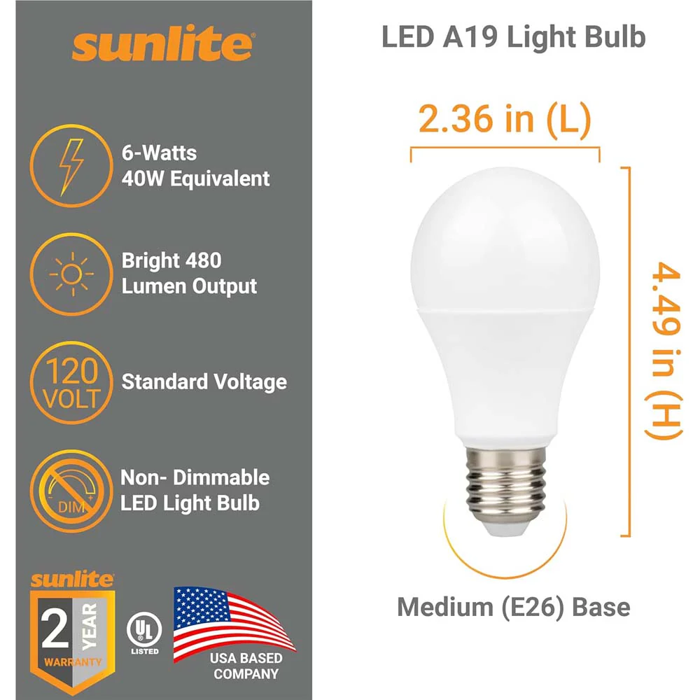 3Pk - Sunlite 6w LED A19 Non-Dimmable 2700K Soft White Bulb - 40w Equiv - Image 2