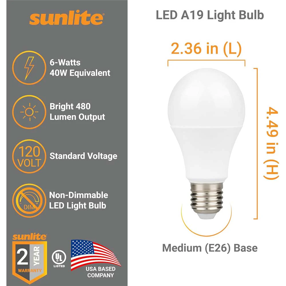 3Pk - Sunlite 6w LED A19 Non-Dimmable 3000K Warm White Bulb - 40w Equiv - Image 2