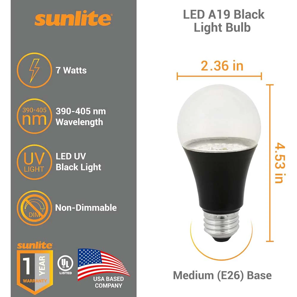 3Pk - Sunlite 7w LED A19 UV Blacklight Blue Special Effects Bulb - 60w Equiv - Image 2