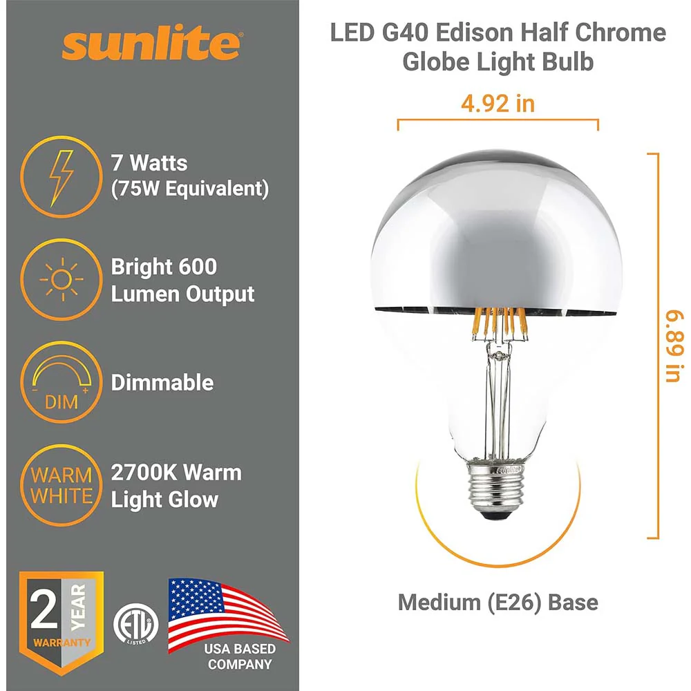3Pk - Sunlite 7w LED G40 Half Chrome Globe E26 Base 2700K Bulb - 75W Equiv - Image 3