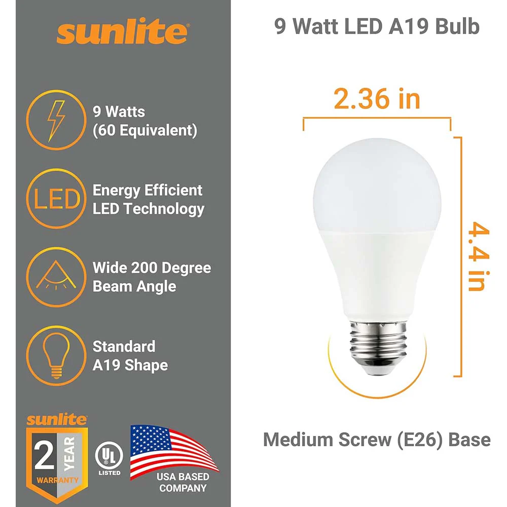 3Pk - Sunlite 9w A19 LED 4000K 800Lm Non-Dimmable Bulb - 60W Equiv - Image 2