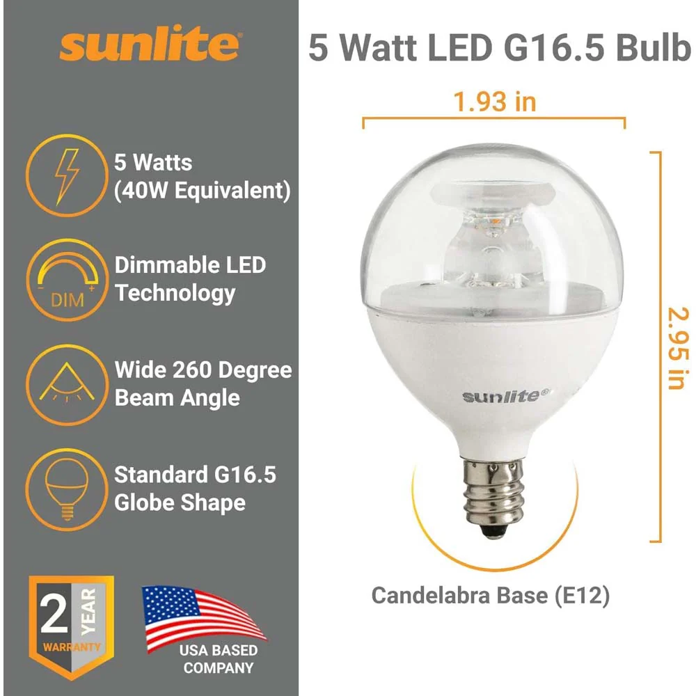 3Pk - Sunlite LED Globe G16.5 5W Clear E12 Base 2700K Bulb - Warm White - Image 2