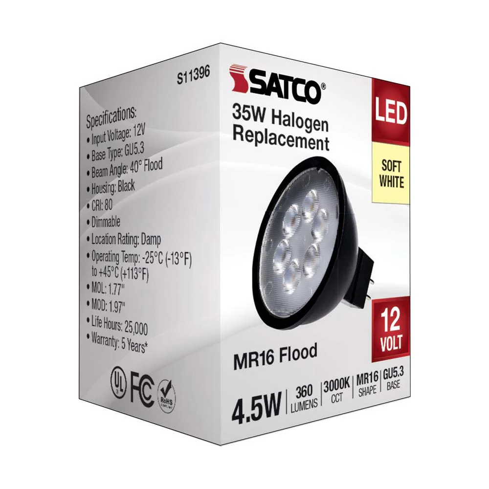 4.5W 12v MR16 LED 3000K GU5.3 Base 360LM Flood 40D Black Finish Bulb - Image 4