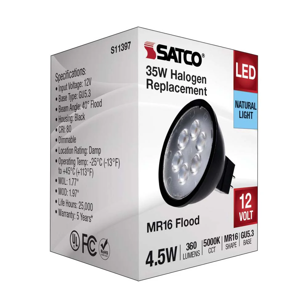 4.5W 12v MR16 LED 5000K GU5.3 Base 360LM Flood 40D Black Finish Bulb - Image 5