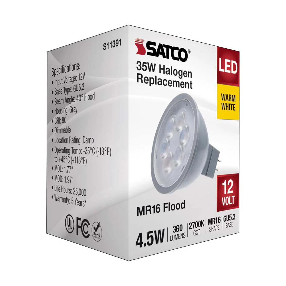 4.5W  12v MR16 LED 2700K Flood 40d 360LM GU5.3 Base Silver Finish Bulb - Image 5