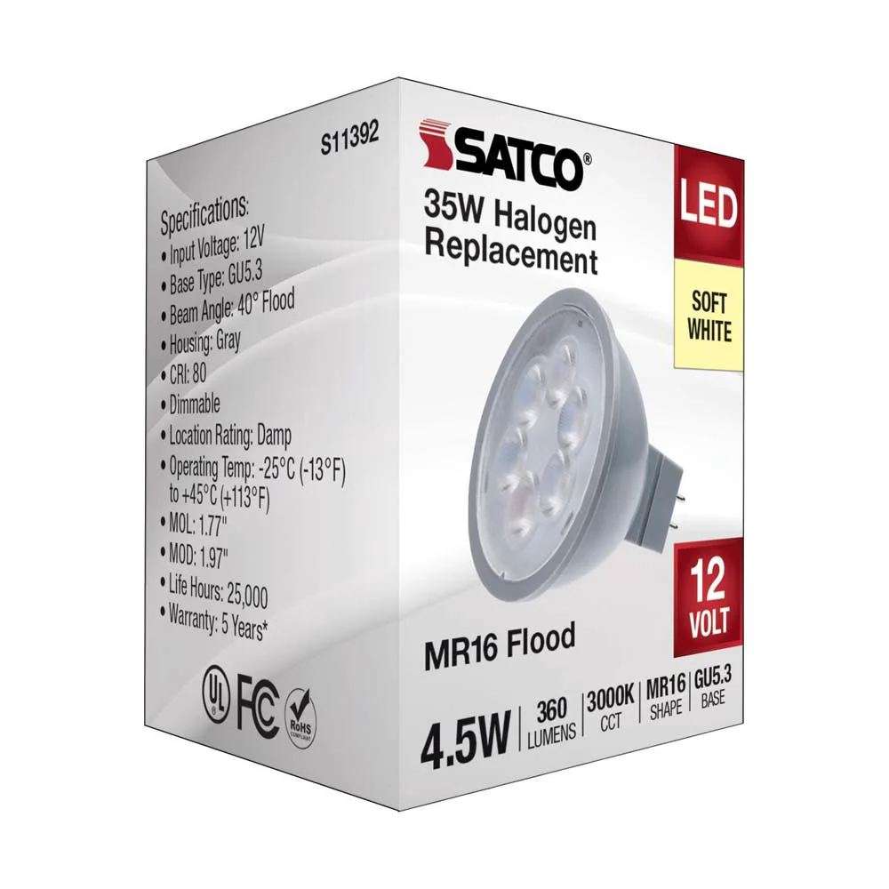 4.5W  12v MR16 LED 3000K Flood 40d 360LM GU5.3 Base Silver Finish Bulb - Image 5