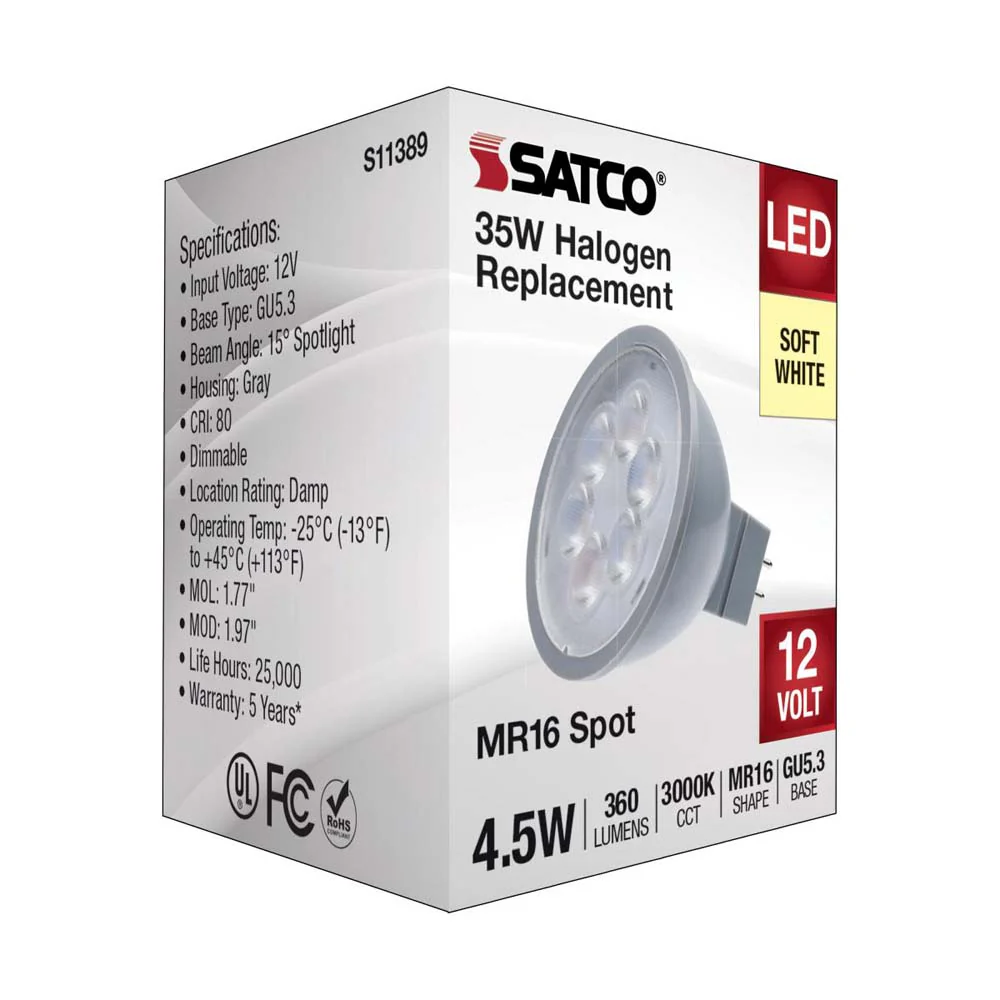 4.5W 12v MR16 LED 3000K Spot 15d 360LM GU5.3 Base Silver Finish Bulb - Image 5
