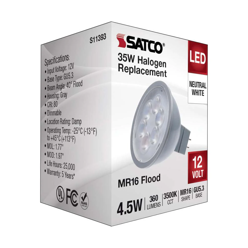 4.5W  12v MR16 LED 3500K Flood 40d 360LM GU5.3 Base Silver Finish Bulb - Image 5