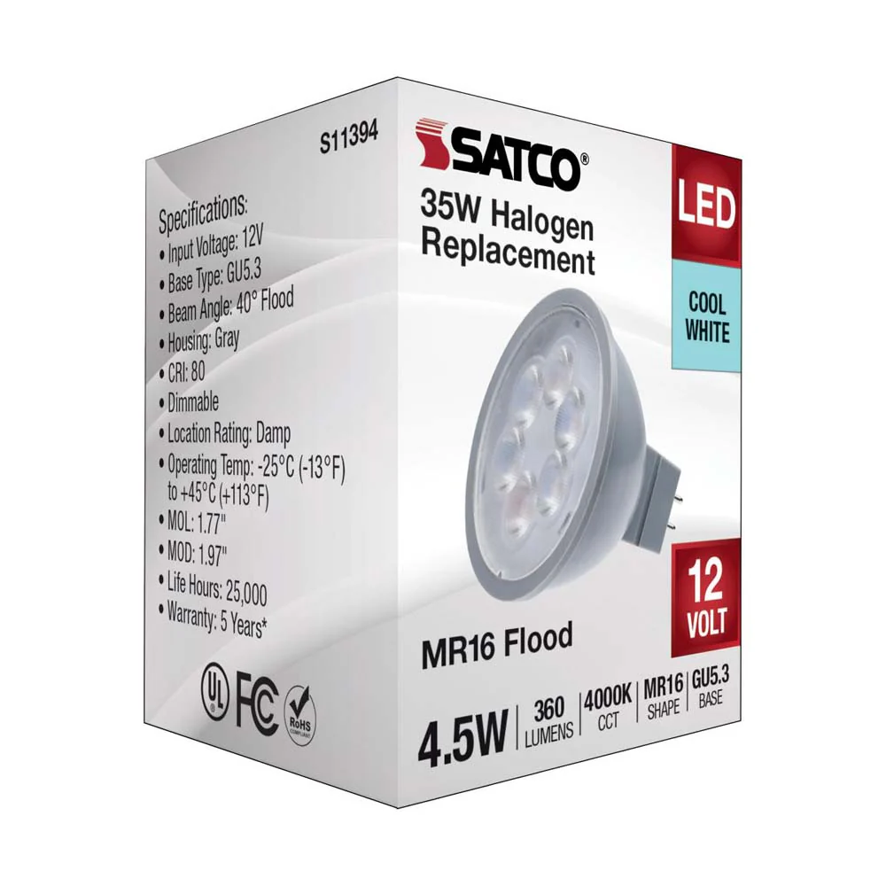 4.5W  12v MR16 LED 4000K Flood 40d 360LM GU5.3 Base Silver Finish Bulb - Image 5