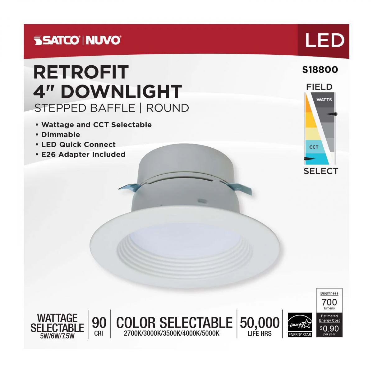 4-in LED Retrofit Downlight Wattage Lumens & CCT Selectable Round White Finish - Image 6