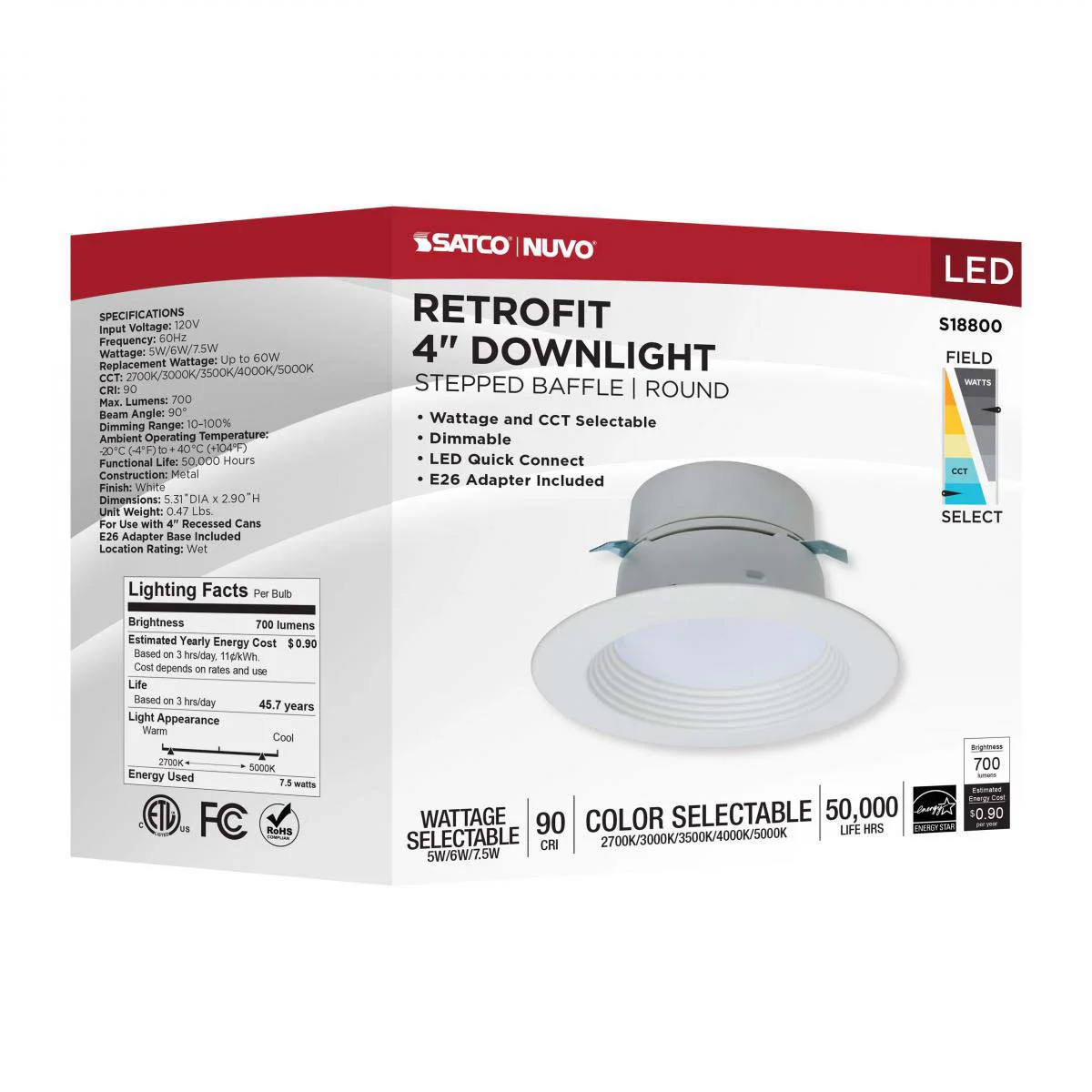 4-in LED Retrofit Downlight Wattage Lumens & CCT Selectable Round White Finish - Image 8