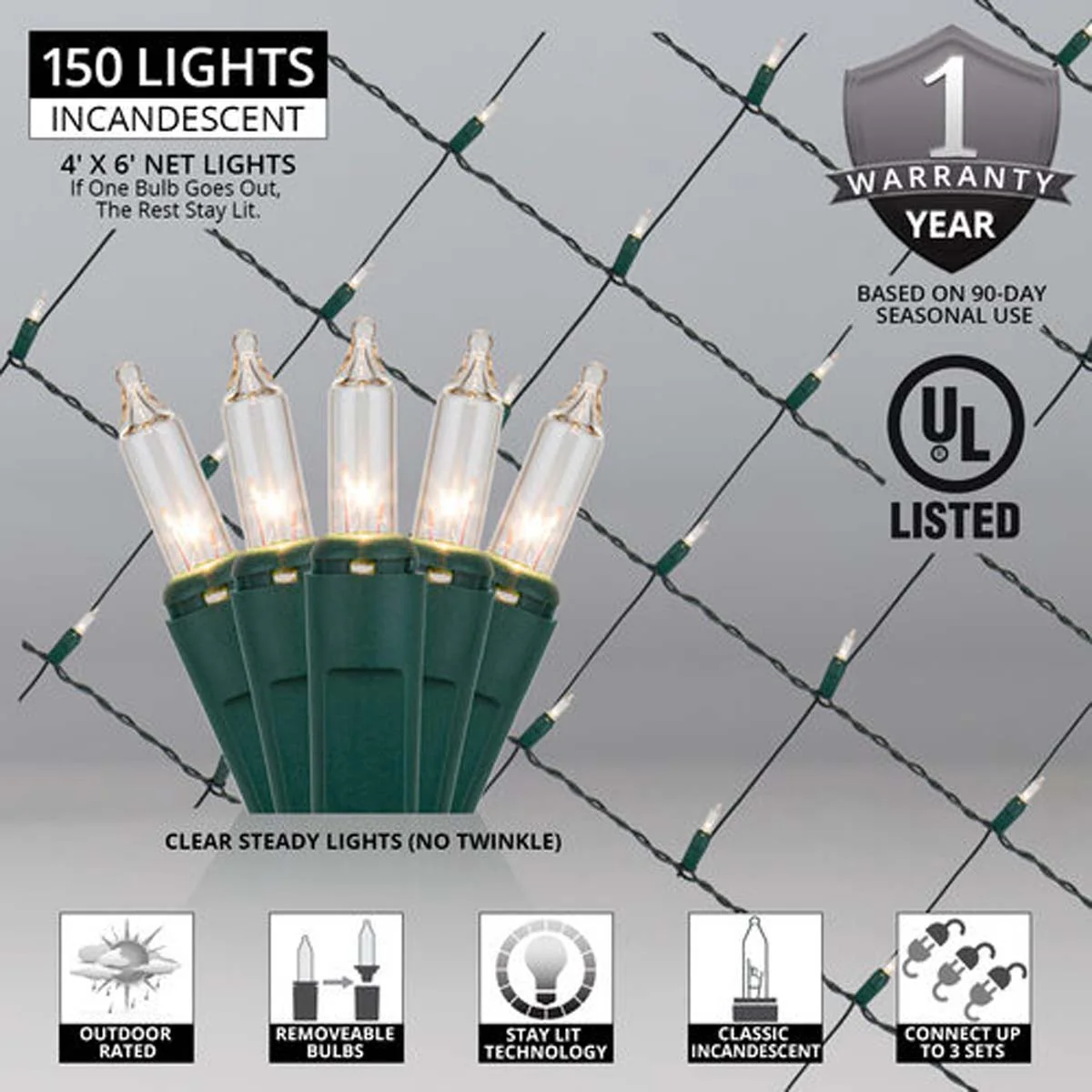 4' x 6' Clear Christmas Net Lights, 150 Lamps - Image 2