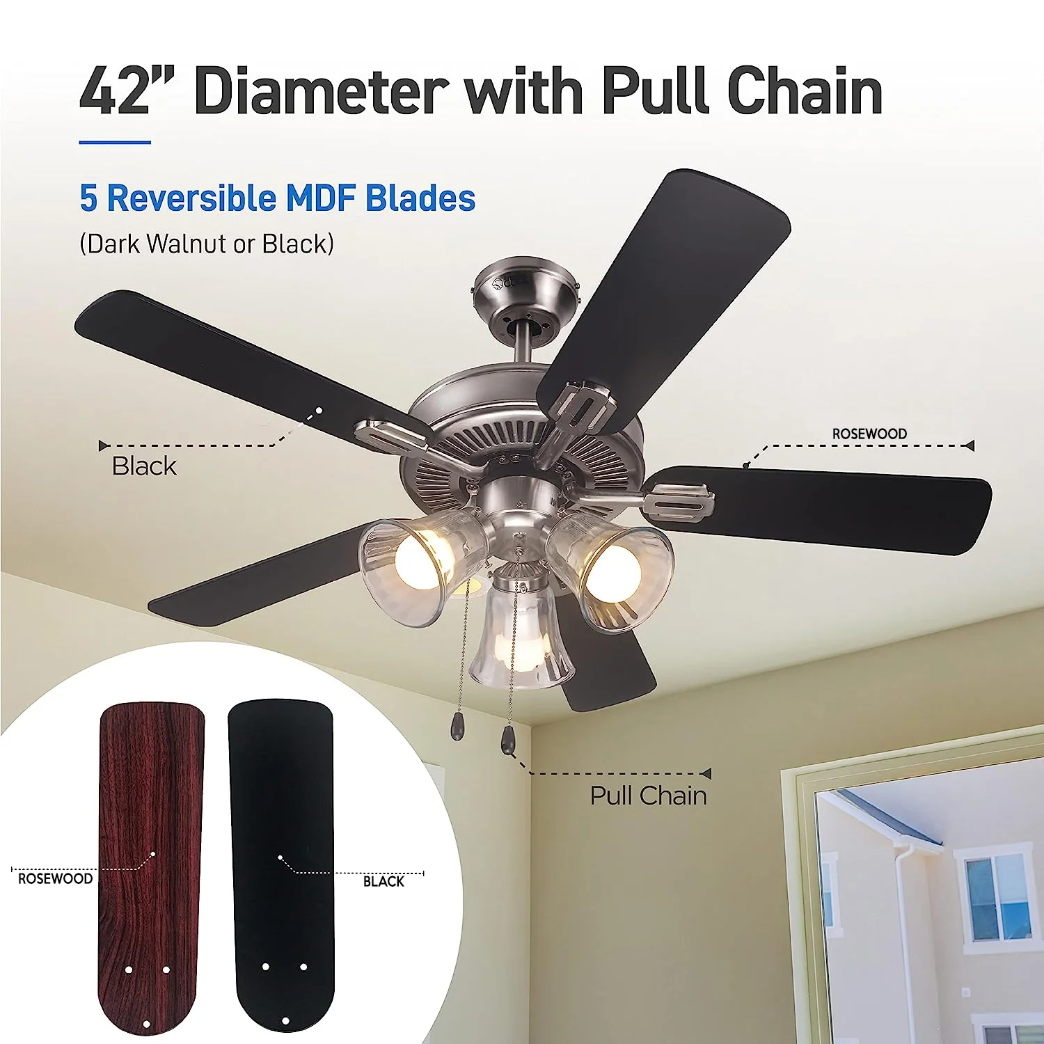 42" Contemporary 3 Lights Ceiling Fan with Rosewood/Black Blades and Pull Chain - Image 2