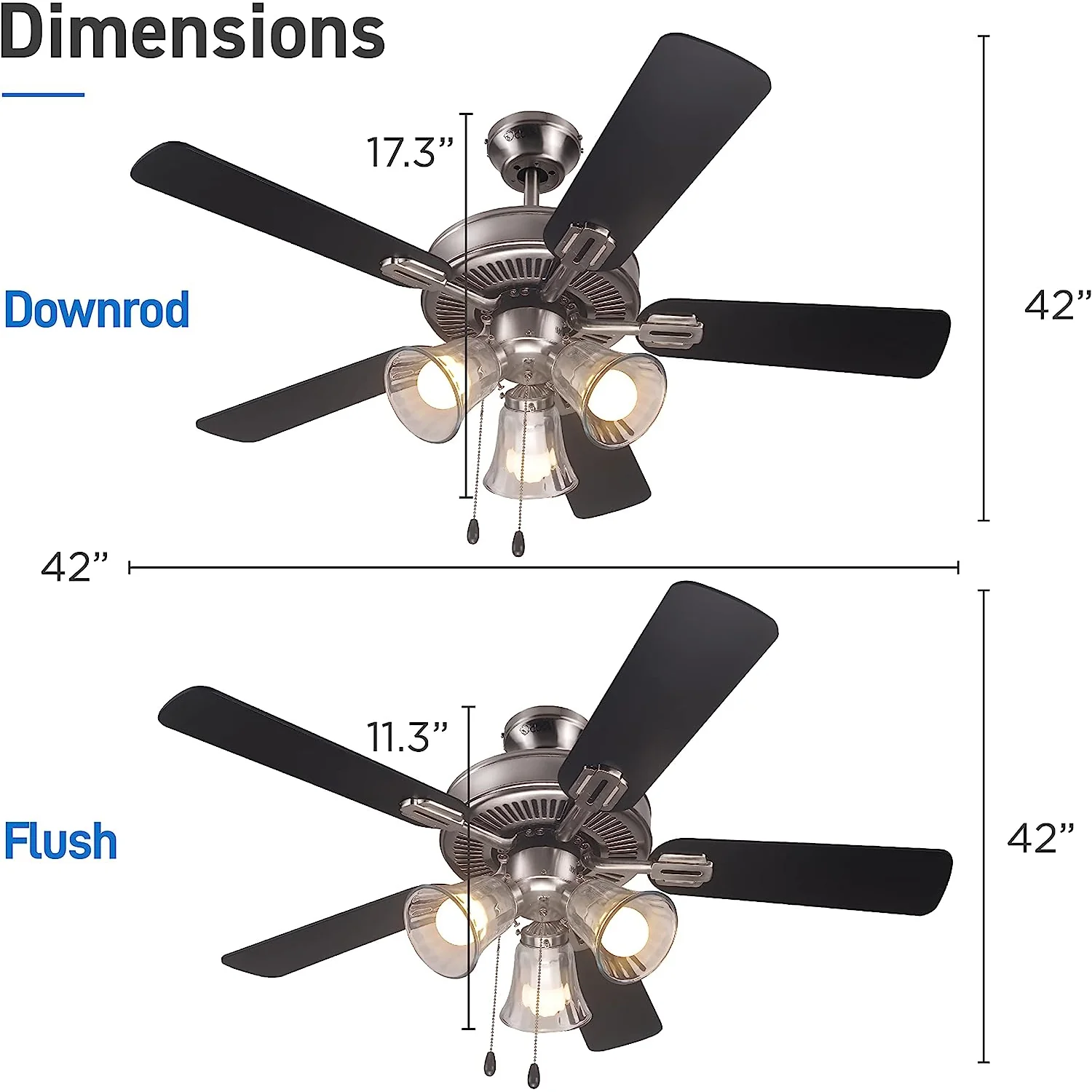 42" Contemporary 3 Lights Ceiling Fan with Rosewood/Black Blades and Pull Chain - Image 3