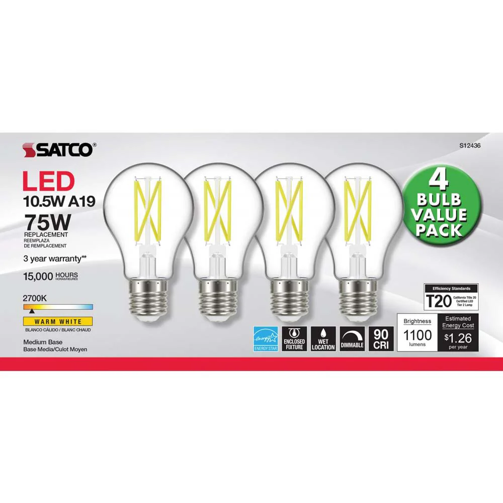 4Pk - 10.5W A19 LED Clear Medium base 2700K 120v - 75W equiv - Image 4