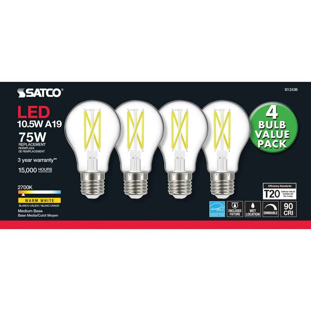 4Pk - 10.5W A19 LED Clear Medium base 2700K 120v - 75W equiv - Image 5