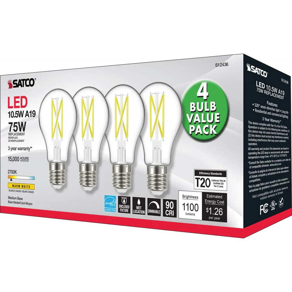 4Pk - 10.5W A19 LED Clear Medium base 2700K 120v - 75W equiv - Image 6