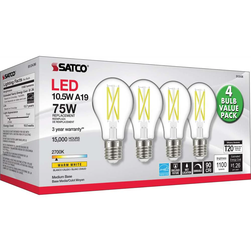 4Pk - 10.5W A19 LED Clear Medium base 2700K 120v - 75W equiv - Image 7