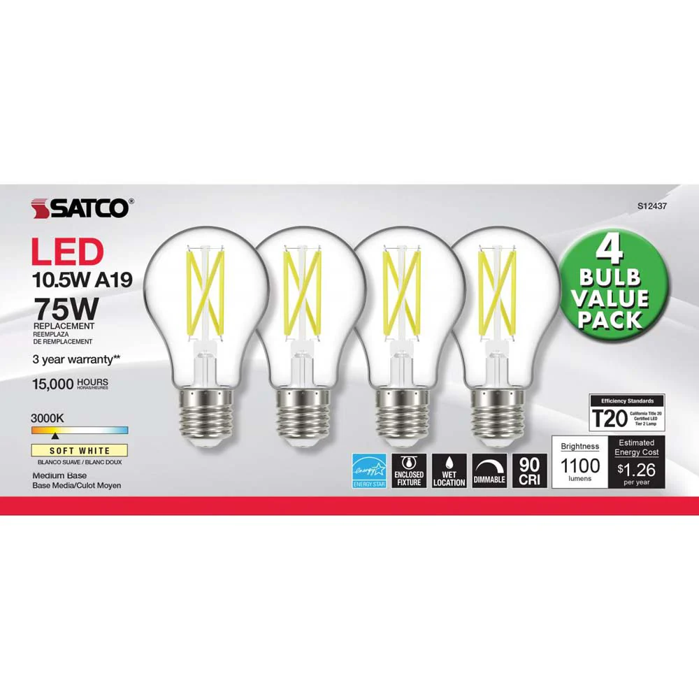 4Pk - 10.5W A19 LED Clear Medium base 3000K 120v - 75W equiv - Image 3