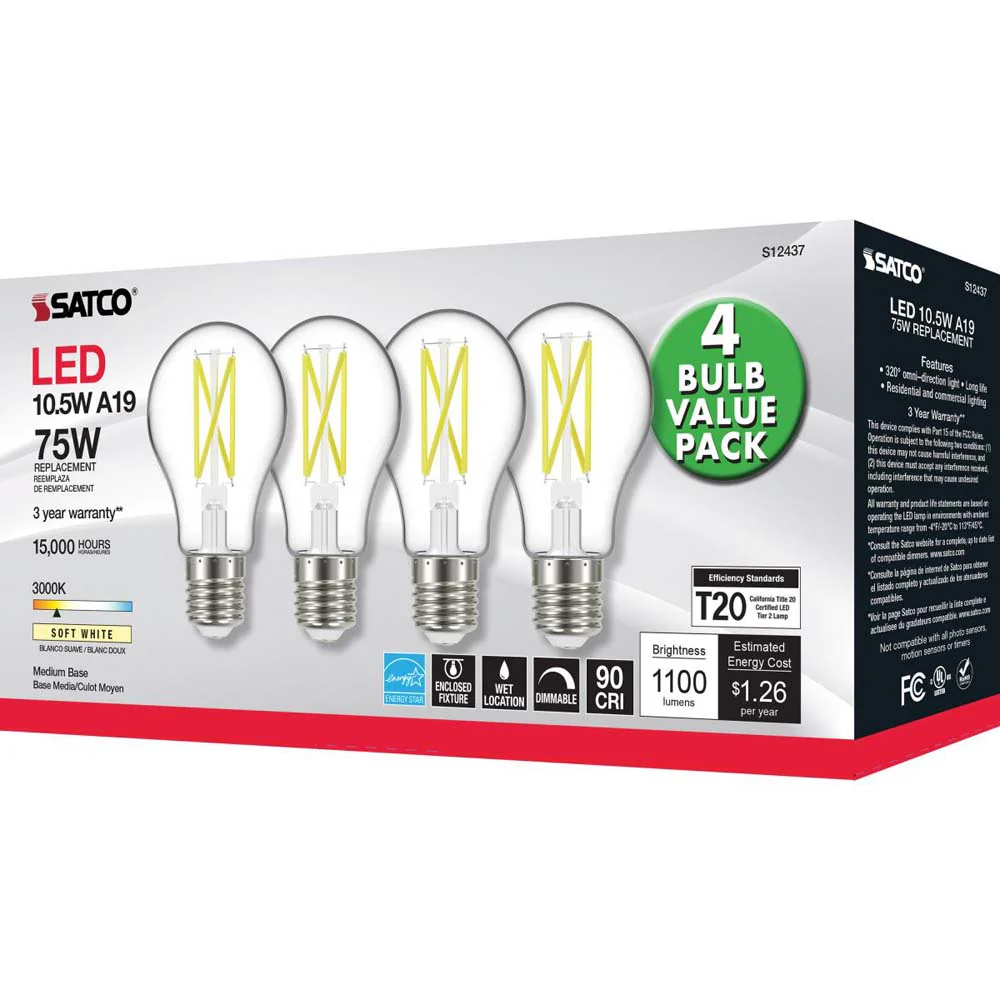 4Pk - 10.5W A19 LED Clear Medium base 3000K 120v - 75W equiv - Image 5