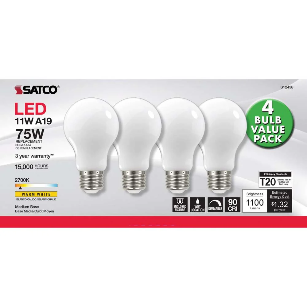 4Pk - 11W A19 LED Soft White Medium base 2700K 120v - 75W equiv - Image 3