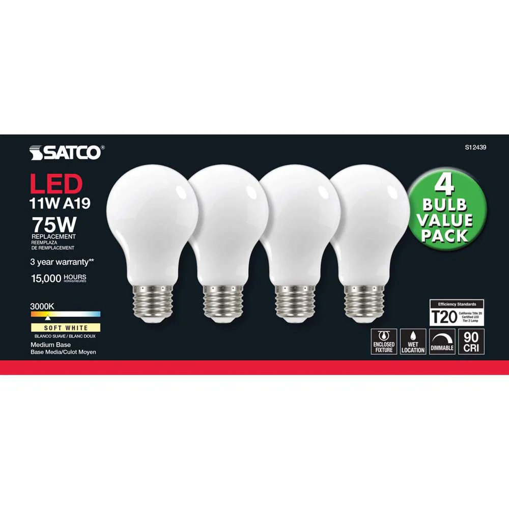 4Pk - 11W A19 LED Soft White Medium base 3000K 120v - 75W equiv - Image 4