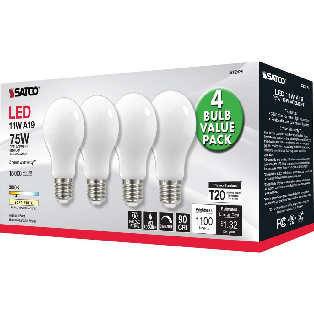 4Pk - 11W A19 LED Soft White Medium base 3000K 120v - 75W equiv - Image 5