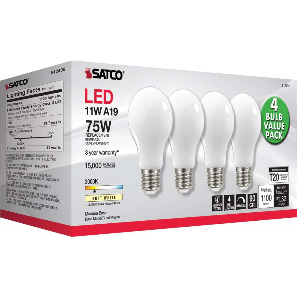 4Pk - 11W A19 LED Soft White Medium base 3000K 120v - 75W equiv - Image 6