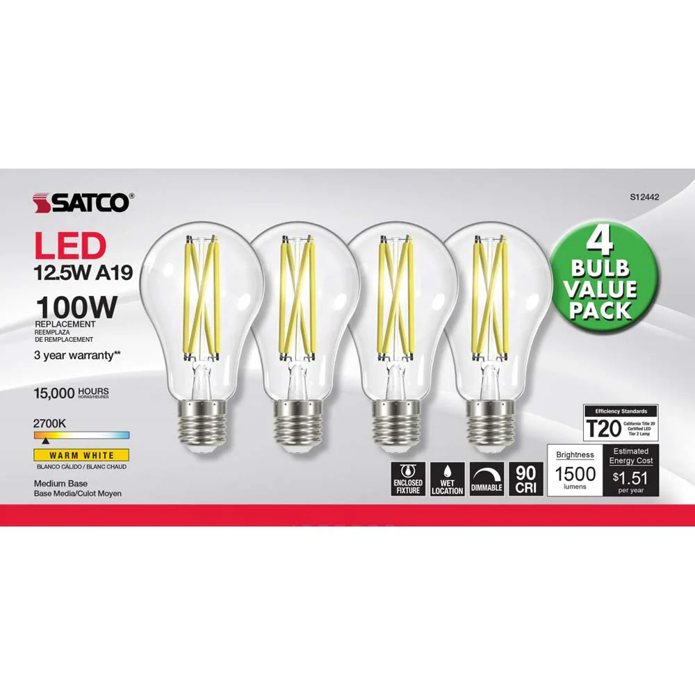 4Pk - 12.5W A19 LED Clear Medium base 2700K 120v - 100W equiv - Image 3