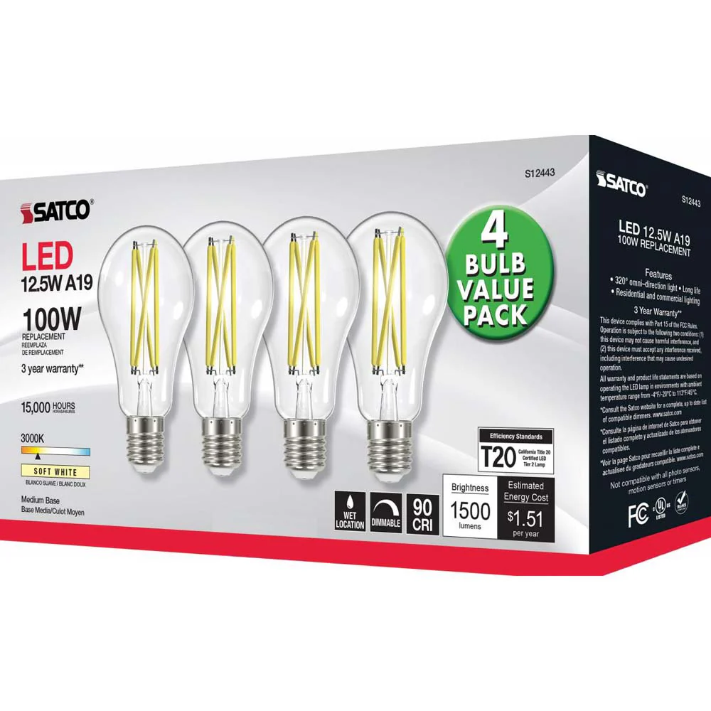 4Pk - 12.5W A19 LED Clear Medium base 3000K 120v - 100W equiv - Image 3