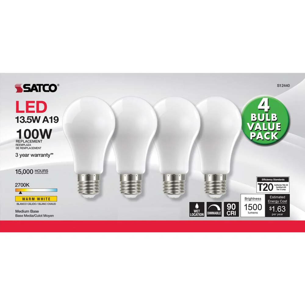 4Pk - 13.5W A19 LED Soft White Medium base 2700K 120v - 100W equiv - Image 3
