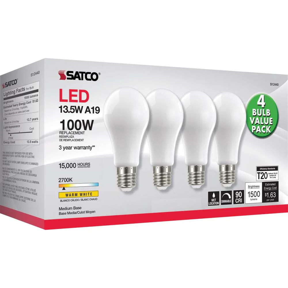 4Pk - 13.5W A19 LED Soft White Medium base 2700K 120v - 100W equiv - Image 6