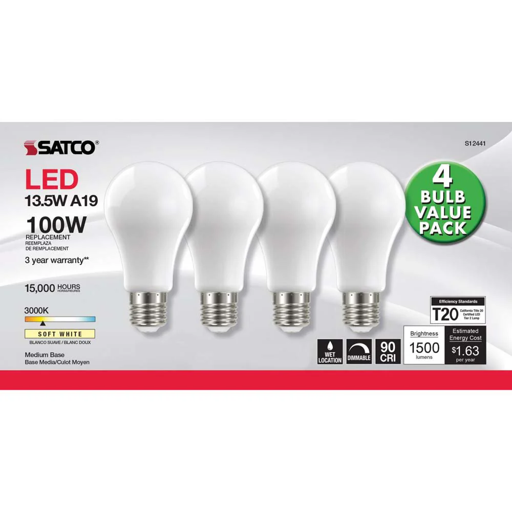 4Pk - 13.5W A19 LED Soft White Medium base 3000K 120v - 100W equiv - Image 3