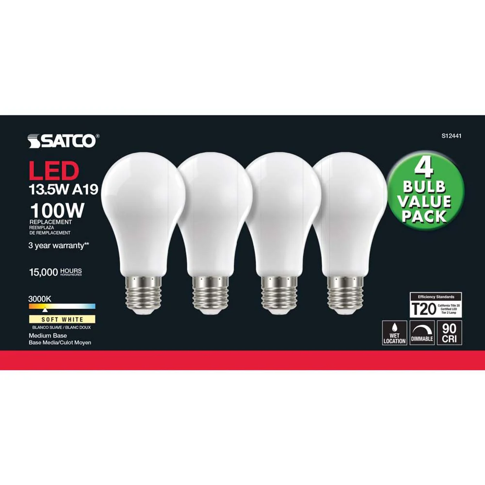 4Pk - 13.5W A19 LED Soft White Medium base 3000K 120v - 100W equiv - Image 4