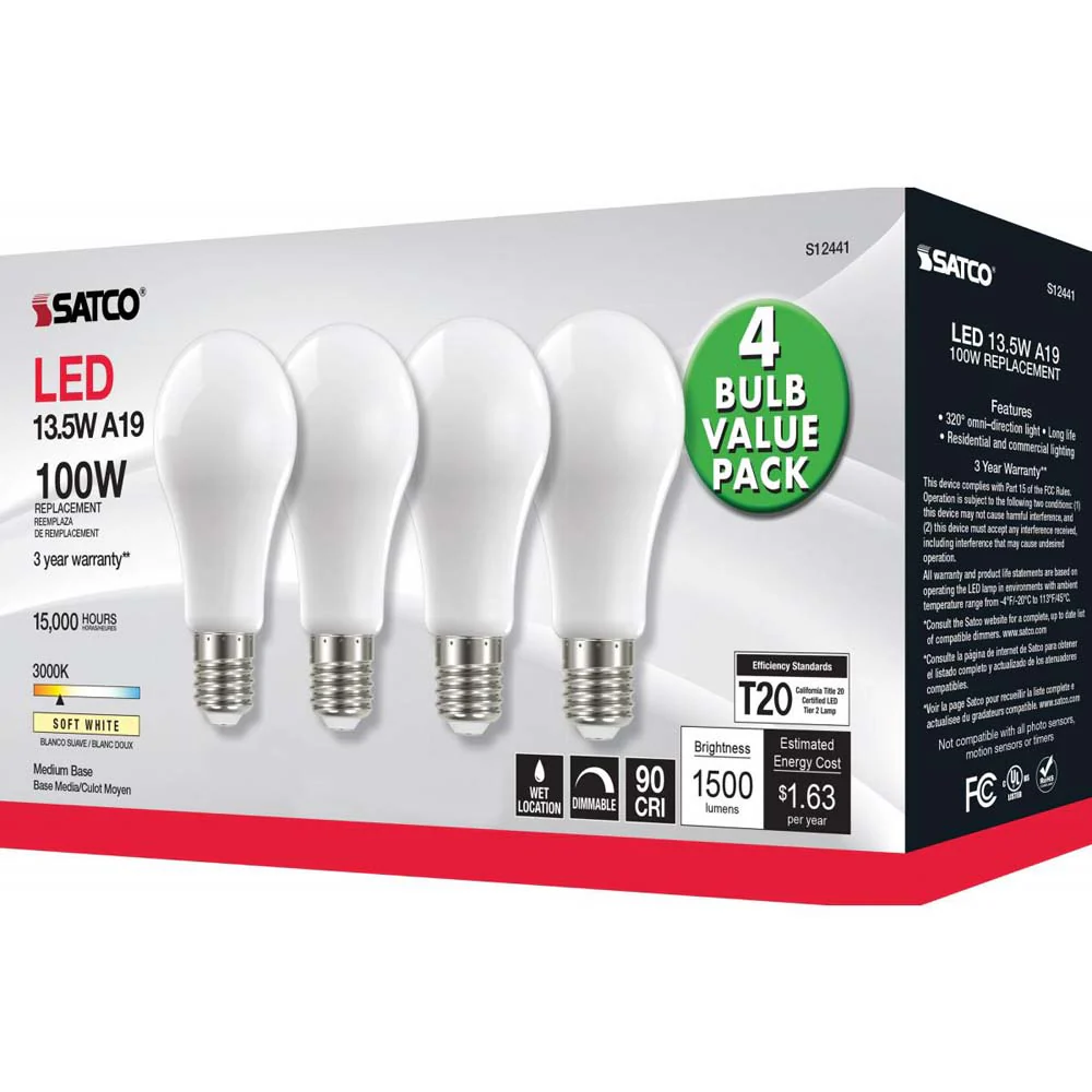 4Pk - 13.5W A19 LED Soft White Medium base 3000K 120v - 100W equiv - Image 5