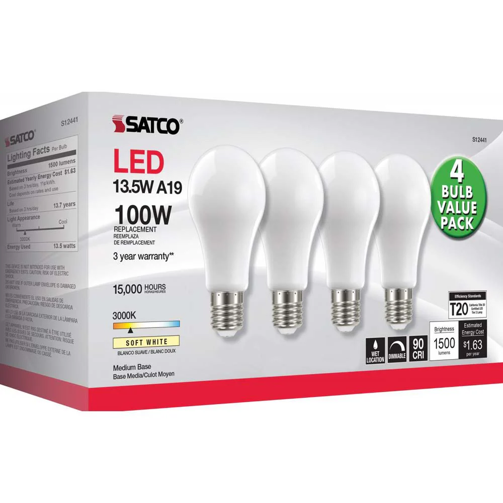 4Pk - 13.5W A19 LED Soft White Medium base 3000K 120v - 100W equiv - Image 6