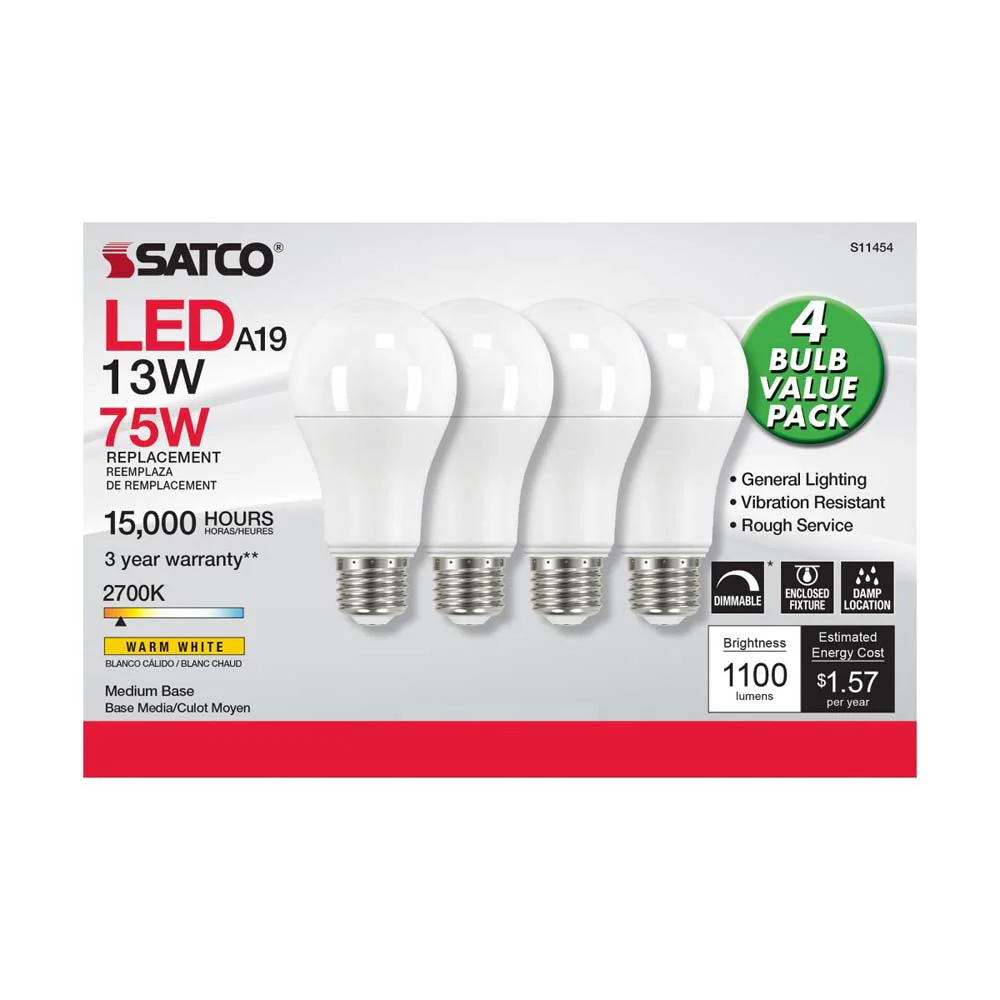 4Pk - 13W A19 LED 2700K Dimmable Medium base 230 deg. Beam Angle - 75w equiv - Image 2